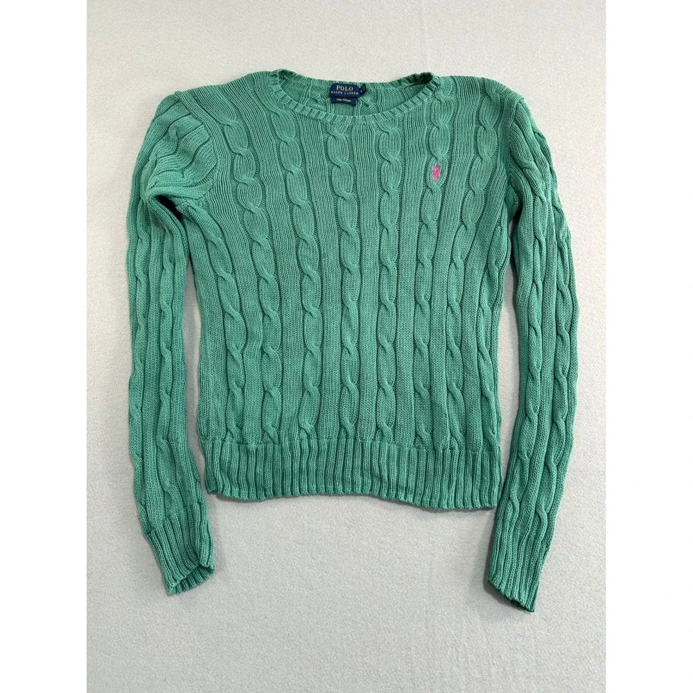 Polo Ralph Lauren Sweater Womens Small Teal Cable Knit Pima Cotton Pony Logo